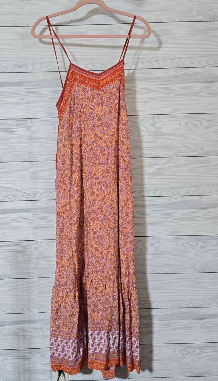 The Nest Three Bird Nest Orange Paisley Floral Multicolor Maxi Dress Small Boho